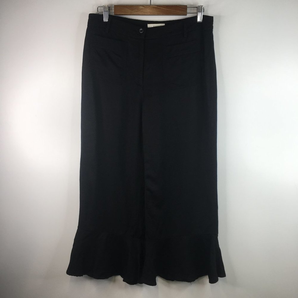 Anthropologie Black Cropped Wide-Leg Ruffle Hem Pants